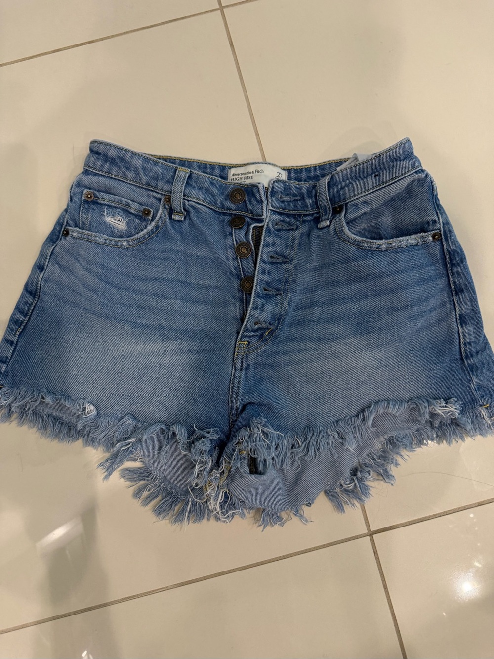 Abercrombie & Fitch Light Blue Distressed Button-Fly Denim Shorts